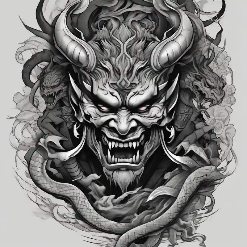 black and white style Elderly People Tattoos: A Comprehensive Guide about Back Tattoo with An Oni With a broken mask and a Sword and Dragons & snakes aged tattoos on elderly